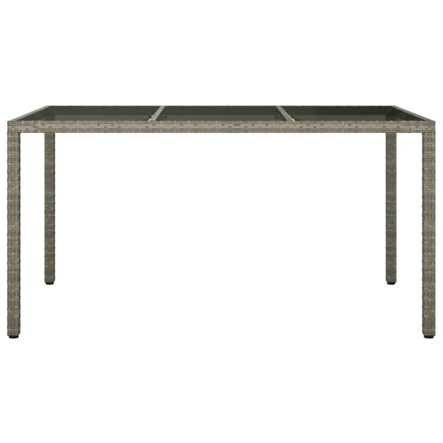 Grauer vidaXL Gartentisch aus Rattan mit Glasplatte, 150x90 cm.
