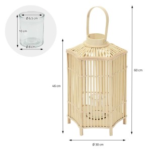 Bambus Laterne (H60cm) im Boho-Stil von ECD Germany. Holzfarben mit Glaseinsatz. Dekorative Kerzenhalter für Innen & Außen.