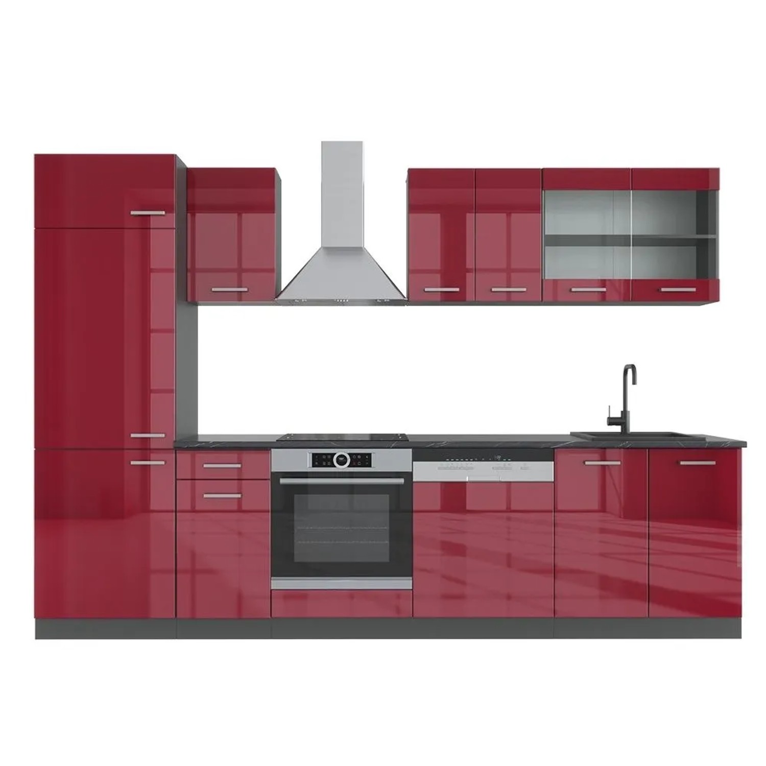 Vicco R-Line Küchenzeile Bordeaux Hochglanz Anthrazit 300 cm ohne Arbeitsplatte ohne E-Geräte