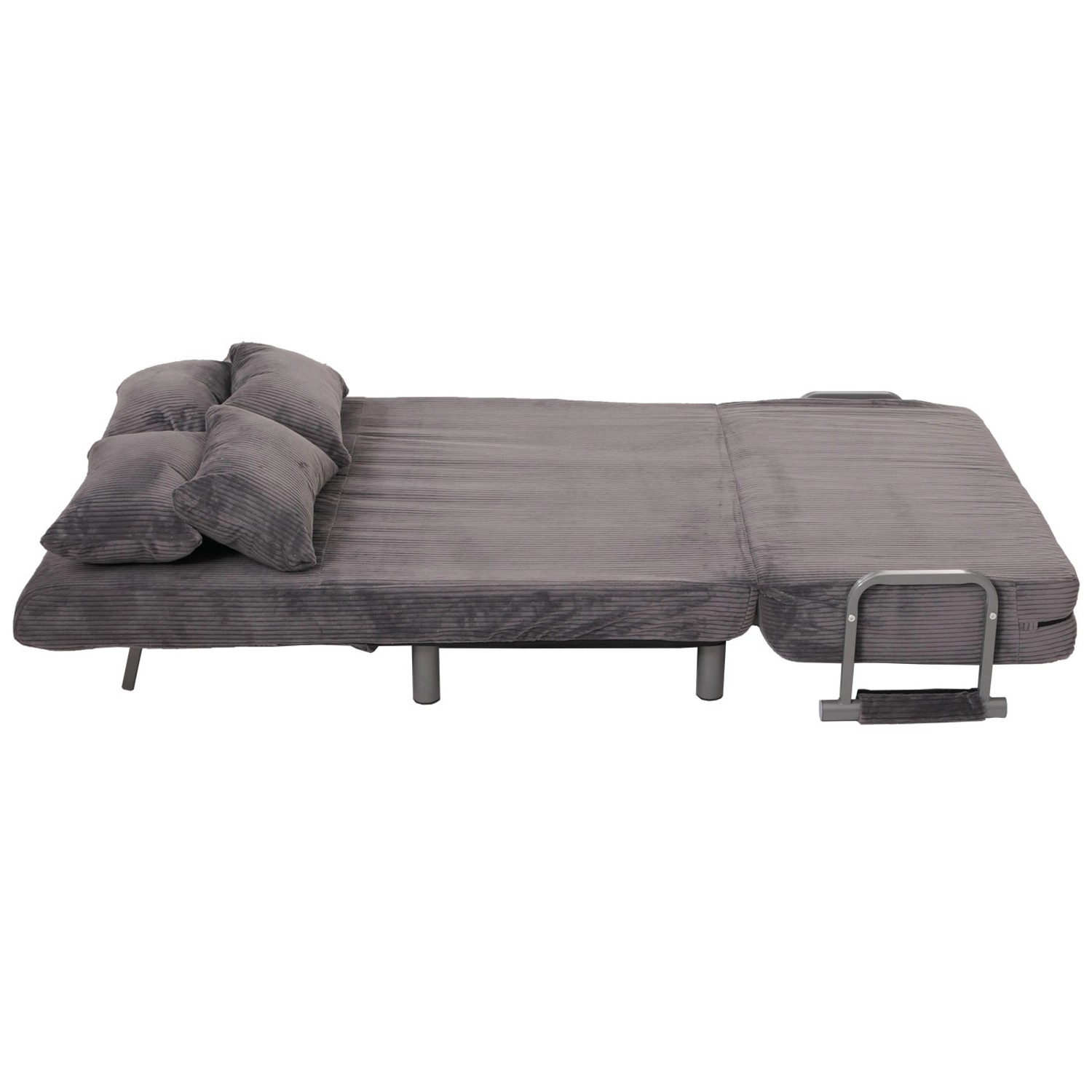 Ausgeklappter dunkelgrauer MCW Schlafsessel K29 aus Cordstoff mit Kissen.