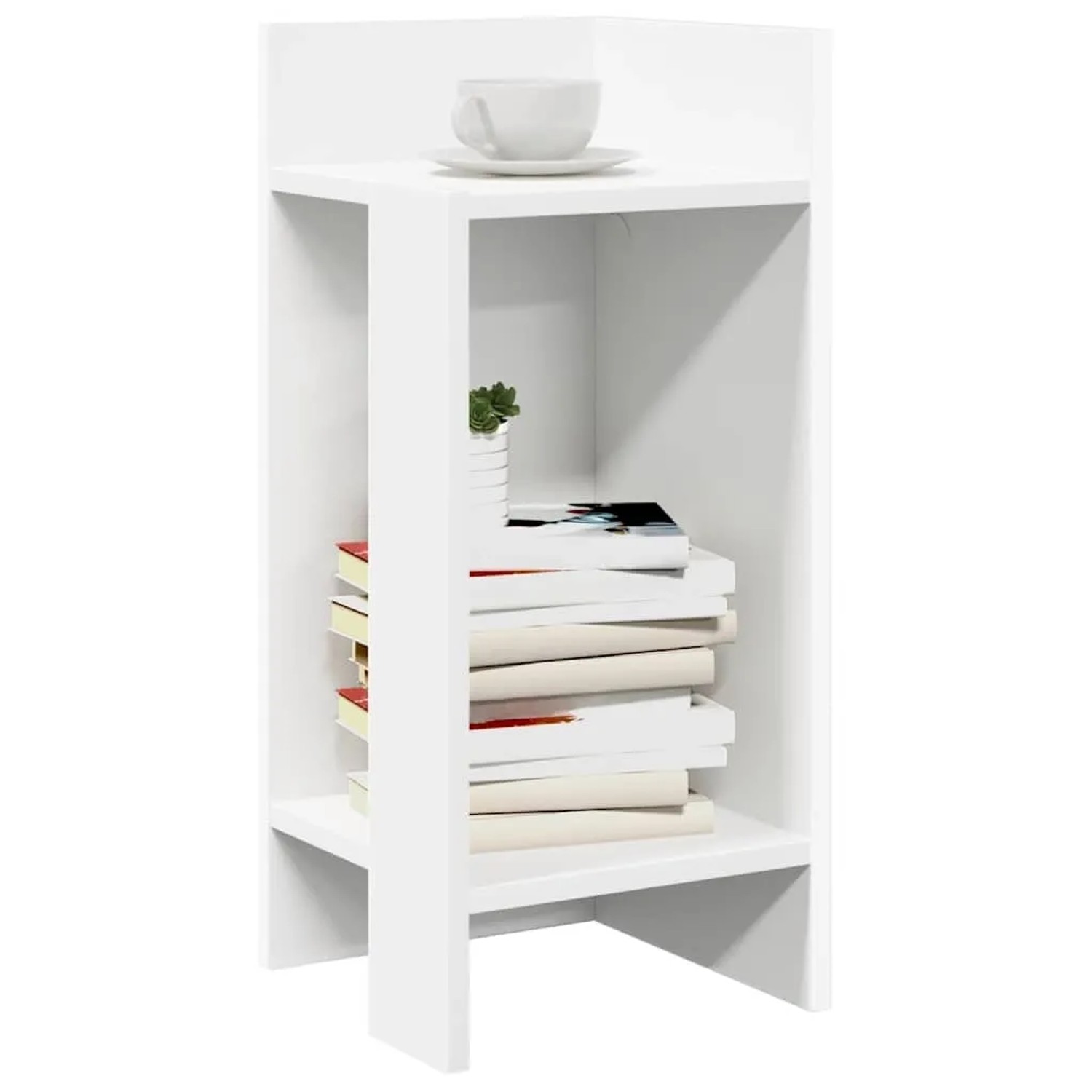 Weißer Beistelltisch aus Holzwerkstoff mit zwei Ablagen, darauf Tasse und Bücher. Modernes Design für Wohnzimmer.