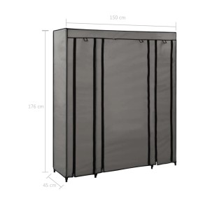 Grauer Stoffschrank mit Fächern und Kleiderstangen, 150x45x176cm.