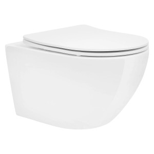Weißes, spülrandloses LuxeBath Hänge-WC mit Softclose-Sitz und Nano-Beschichtung.