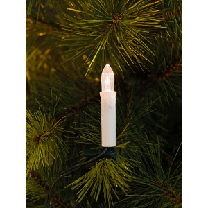 Konstsmide LED Baumkette mit 15 warmweißen Topbirnen am grünen Kabel, befestigt an einem Weihnachtsbaum.