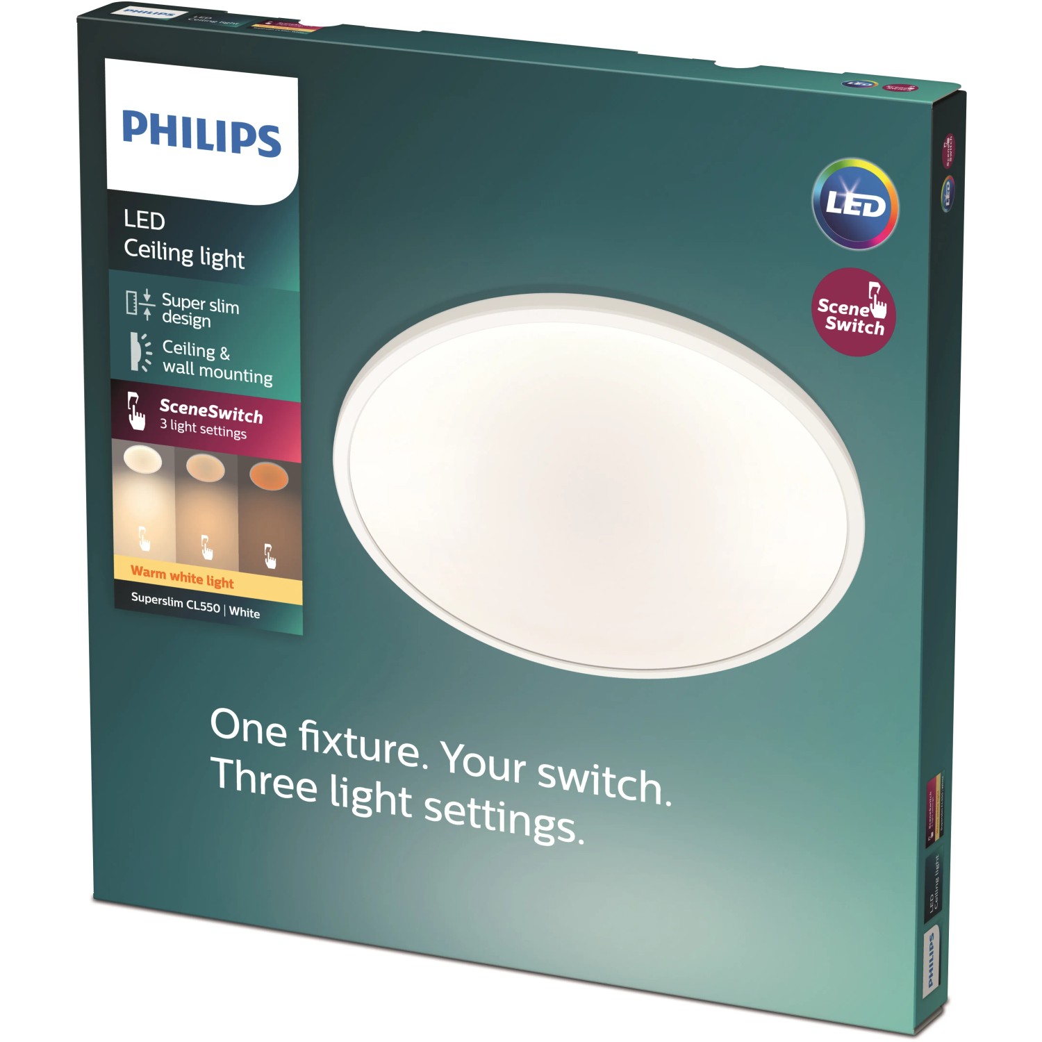 Verpackung des Philips LED-Panel Superslim 3-in-1 SceneSwitch, 18W, 2700K, Weiß.