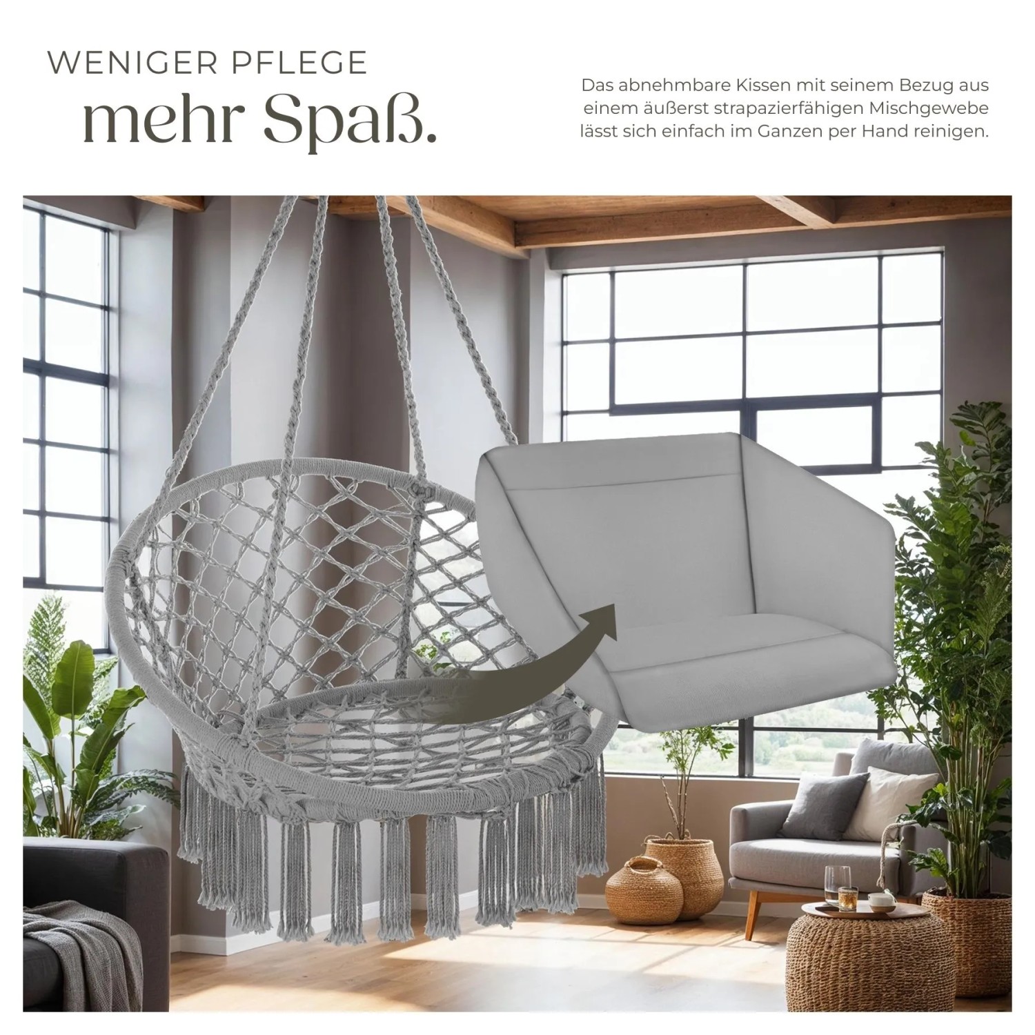 Tectake Hängesessel Grazia Mit Sitz  und Rückenpolster Stabil und Strapazierfähig  72 x 80 x 125 cm Grau_7