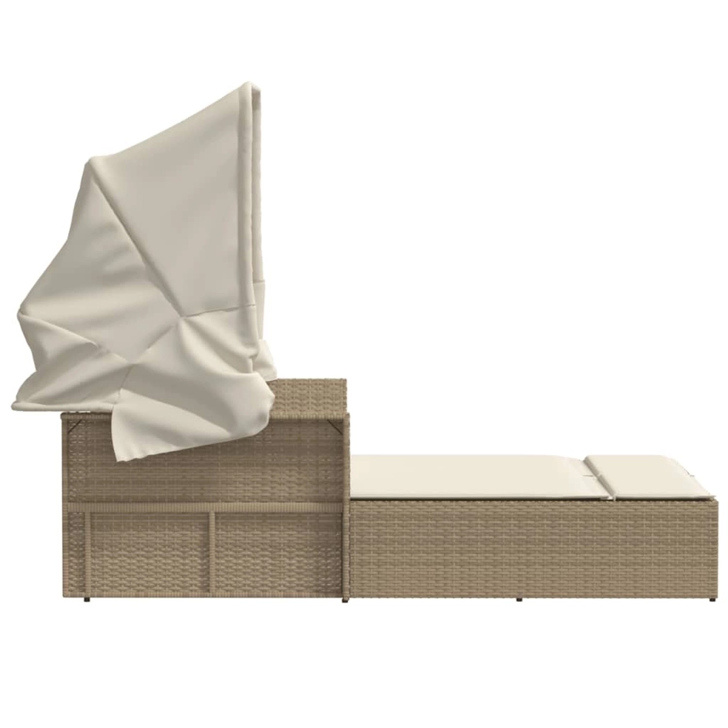 Beige Doppel-Sonnenliege aus Rattan mit Dach und Auflagen für den Garten.