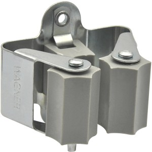 Wandhalter für Gartengeräte, verzinktes Metall mit grauen Kunststoff-Haltebacken.