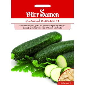 Dürr Samen Zucchini Diamant F1: Packung mit Zucchini und Blättern.