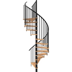 Minka Spindeltreppe Spiral Smart, Buche schwarz, Ø140cm. Innentreppe mit Holzstufen und schwarzem Geländer.