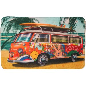 Sanilo Badteppich Summer Bus 70x110 cm mit Hippie-Bus-Motiv vor Strandkulisse.