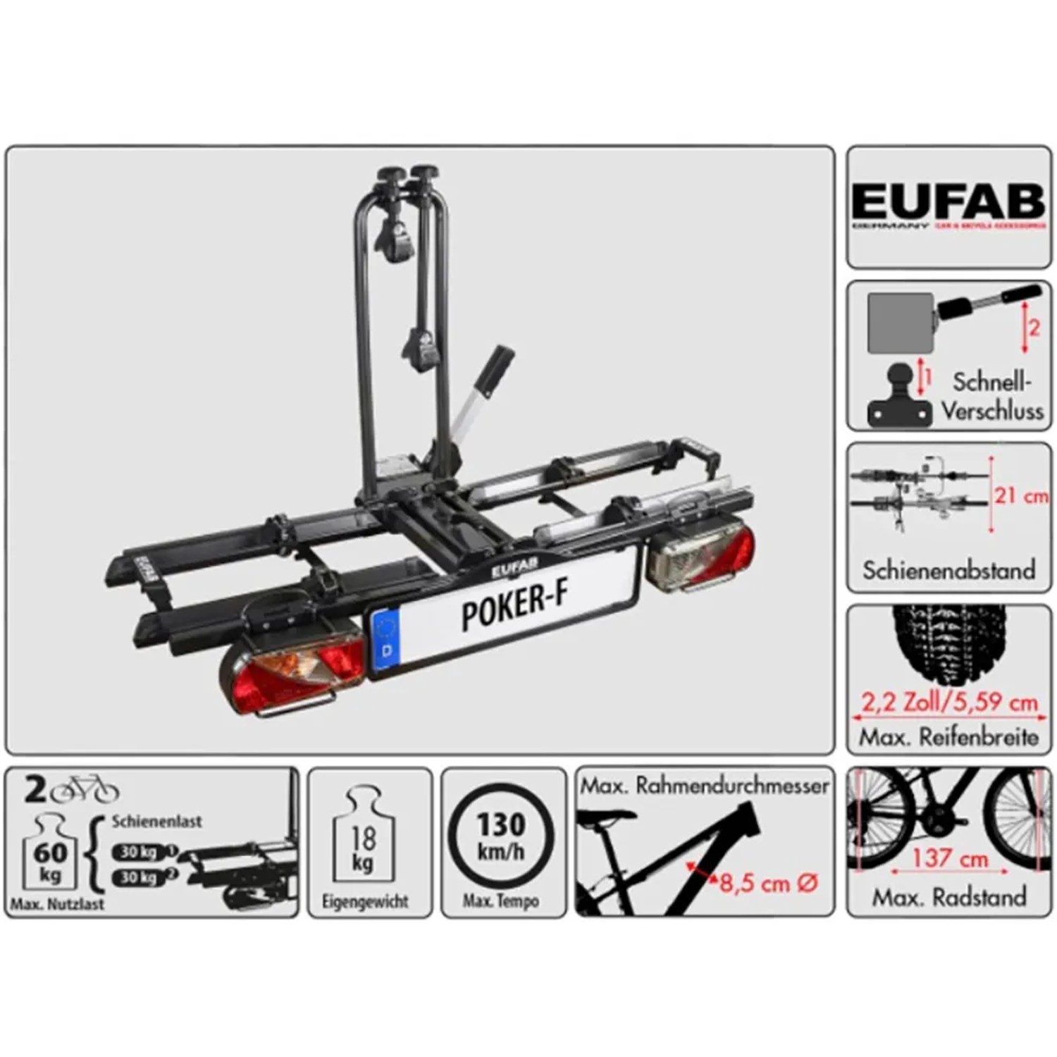 Eufab Fahrradträger Poker-F für 2 Fahrräder, Montage auf Anhängerkupplung.
