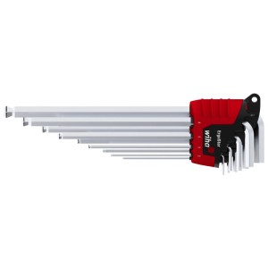 Wiha ErgoStar 9-teiliges Sechskant Stiftschlüssel-Set mit Kugelkopf in rotem Halter. Verchromte Inbusschlüssel.