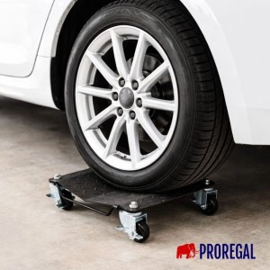 PROREGAL Rangierhilfe mit PKW auf Stahl-Rangierroller mit Rollen und Bremse.