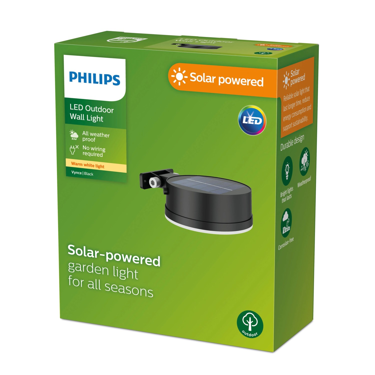 Verpackung der Philips Vynce Solar-Wandleuchte, runde Solarleuchte mit Tageslichtsensor.