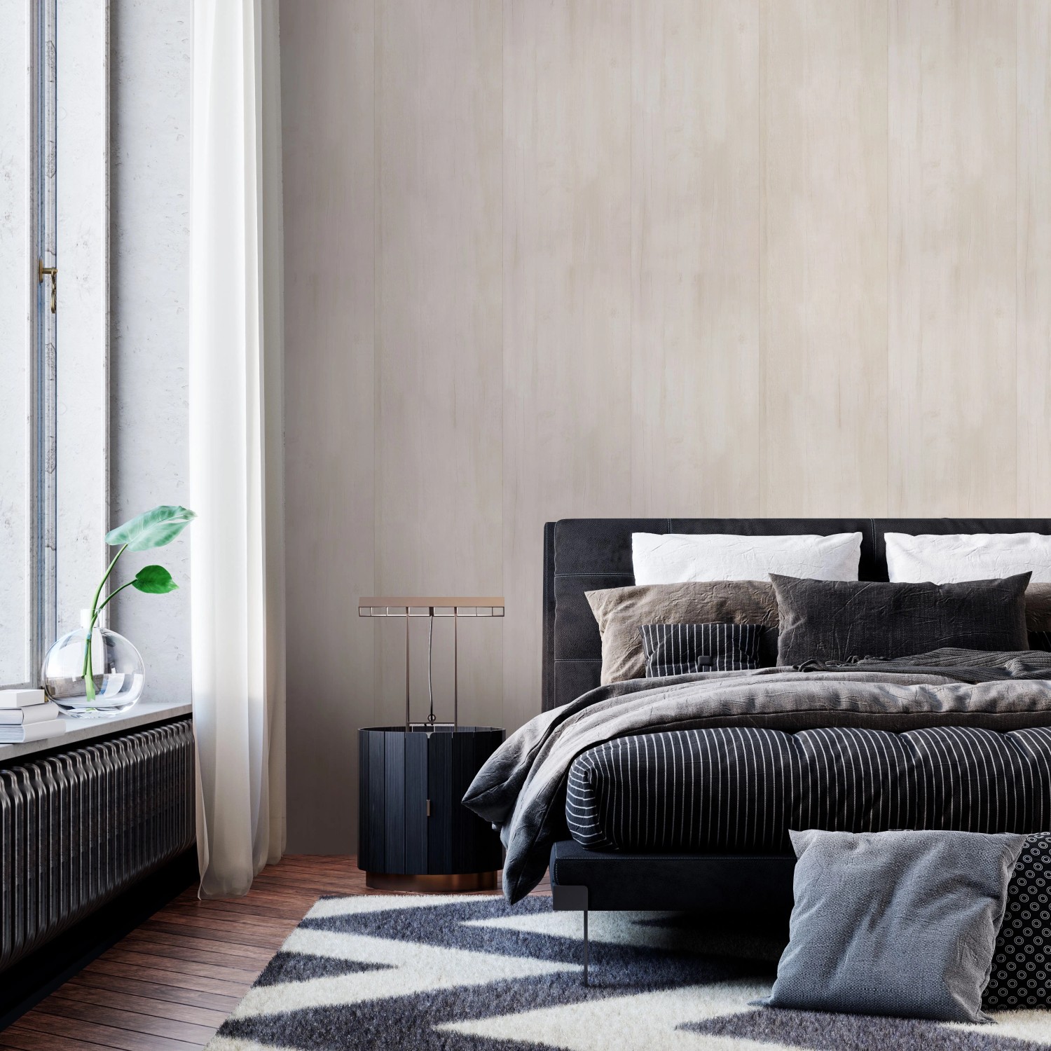 Beige Wandverkleidung in Holznachbildung von Grosfillex im Schlafzimmer.