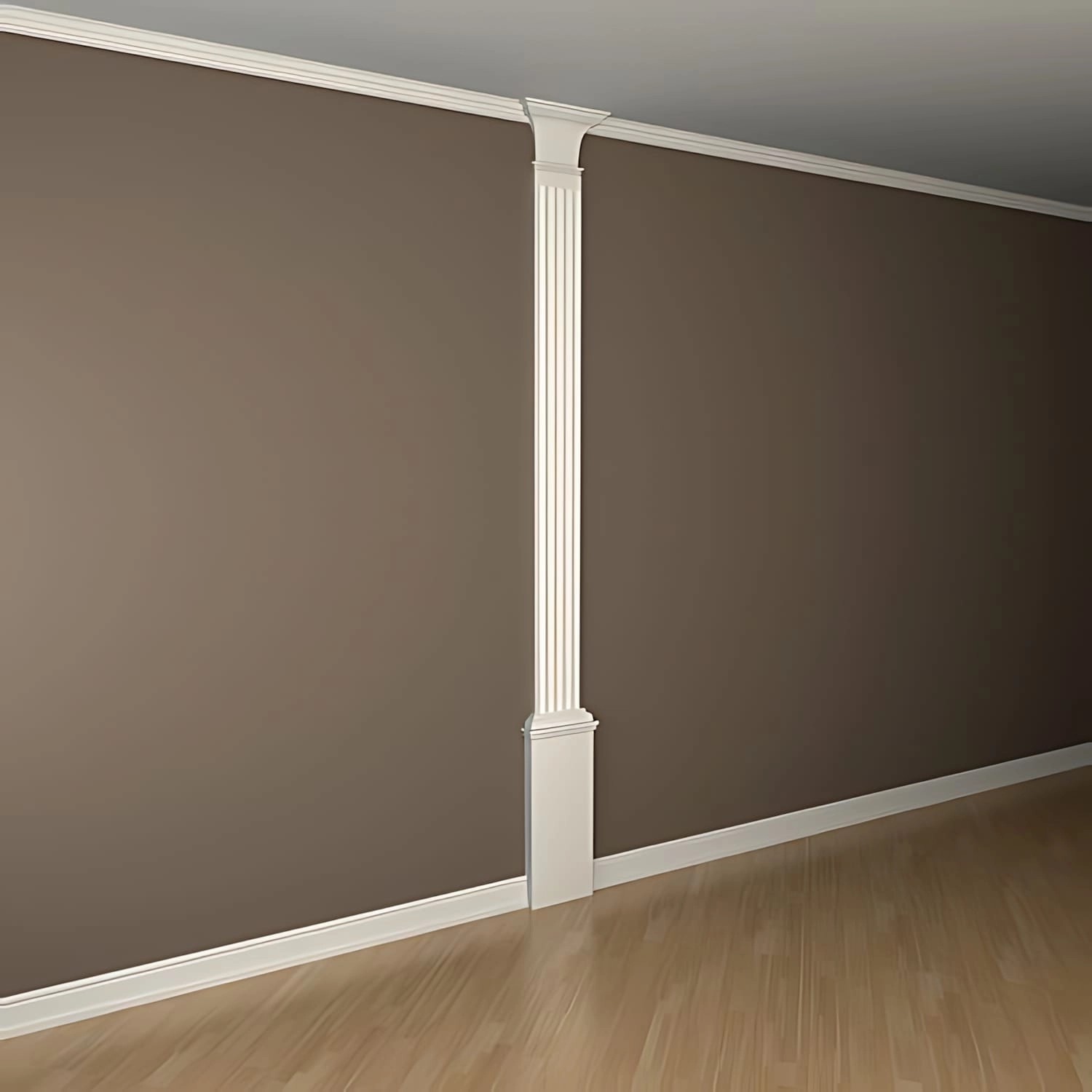 Weißes PROFHOME Pilaster Kapitell Zierelement an Wand mit Paneelen. Dorische Flachsäule, 35,5x22x9,5 cm.