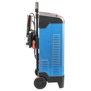 Güde Batterielader Digital GDB 24V/12V-250, blau, mit Batterieklemmen und Rollen.