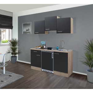 Flex-Well Singleküche Lara, 150 cm, Anthrazit/San Remo Eiche Dekor mit E-Geräten.