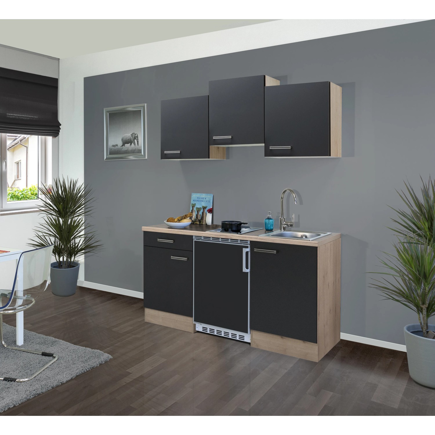 Flex-Well Singleküche Lara, 150 cm, Anthrazit/San Remo Eiche Dekor mit E-Geräten.