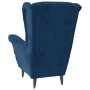 Blauer Ohrensessel mit Hocker von vidaXL, Rückansicht. Relaxsessel aus Samt mit Holzbeinen.