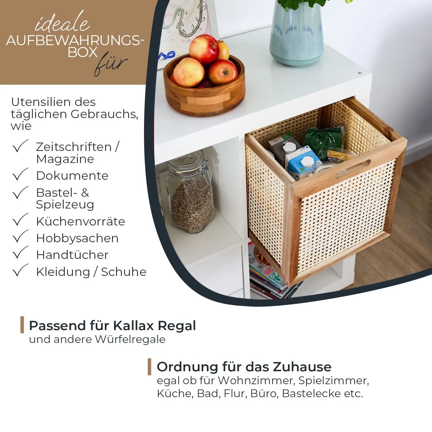 HMF 37640-M3 Aufbewahrungskorb Kallax Regale Korb Rattan Wiener Geflecht und Akazienholz Muster 3 32 x 34 x 32 cm_2
