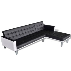 Schwarzes vidaXL Schlafsofa in L-Form aus Kunstleder mit weißem Rahmen und Metallfüßen.