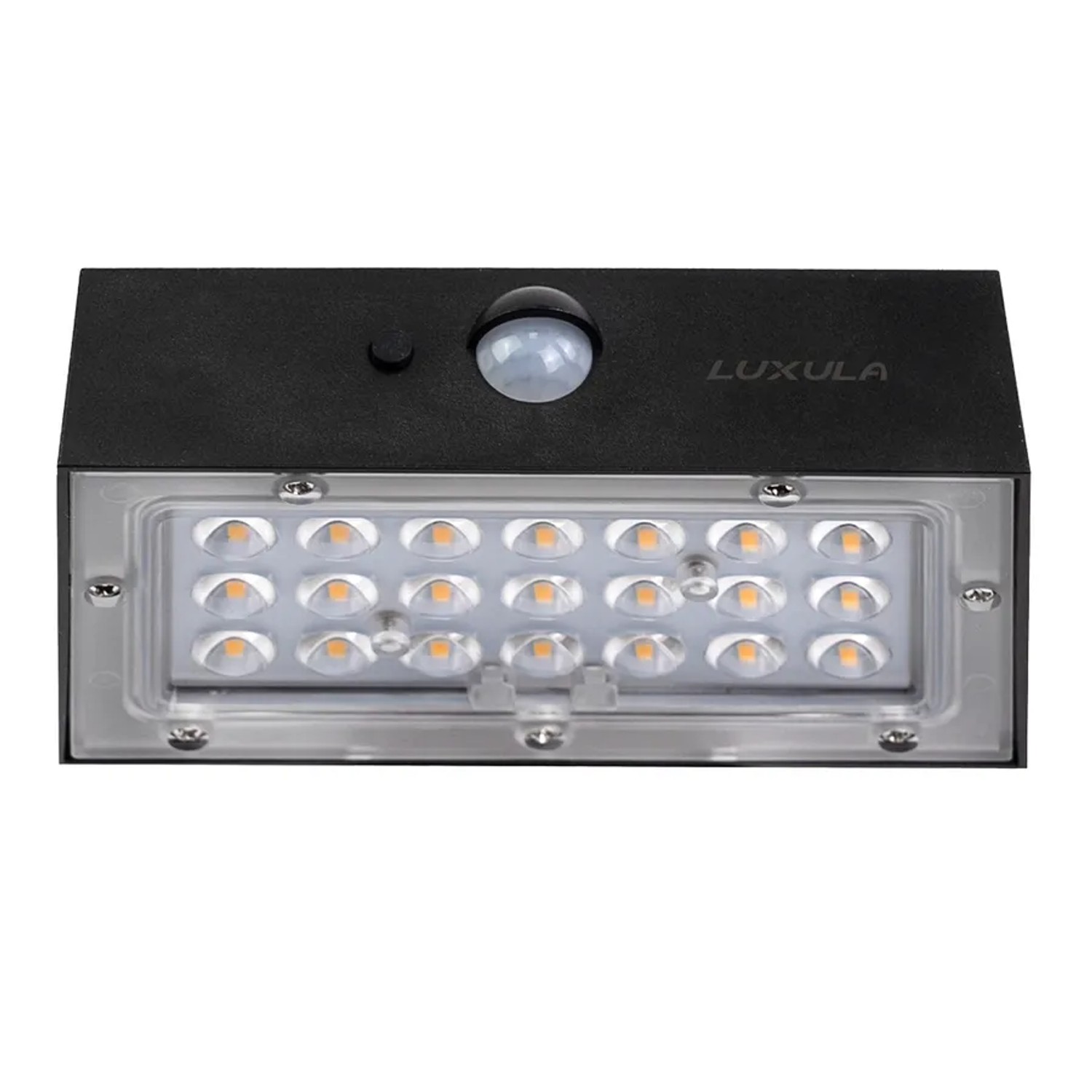 Schwarze LUXULA Solar Wandleuchte mit Bewegungsmelder, warmweißes Licht für den Außenbereich.