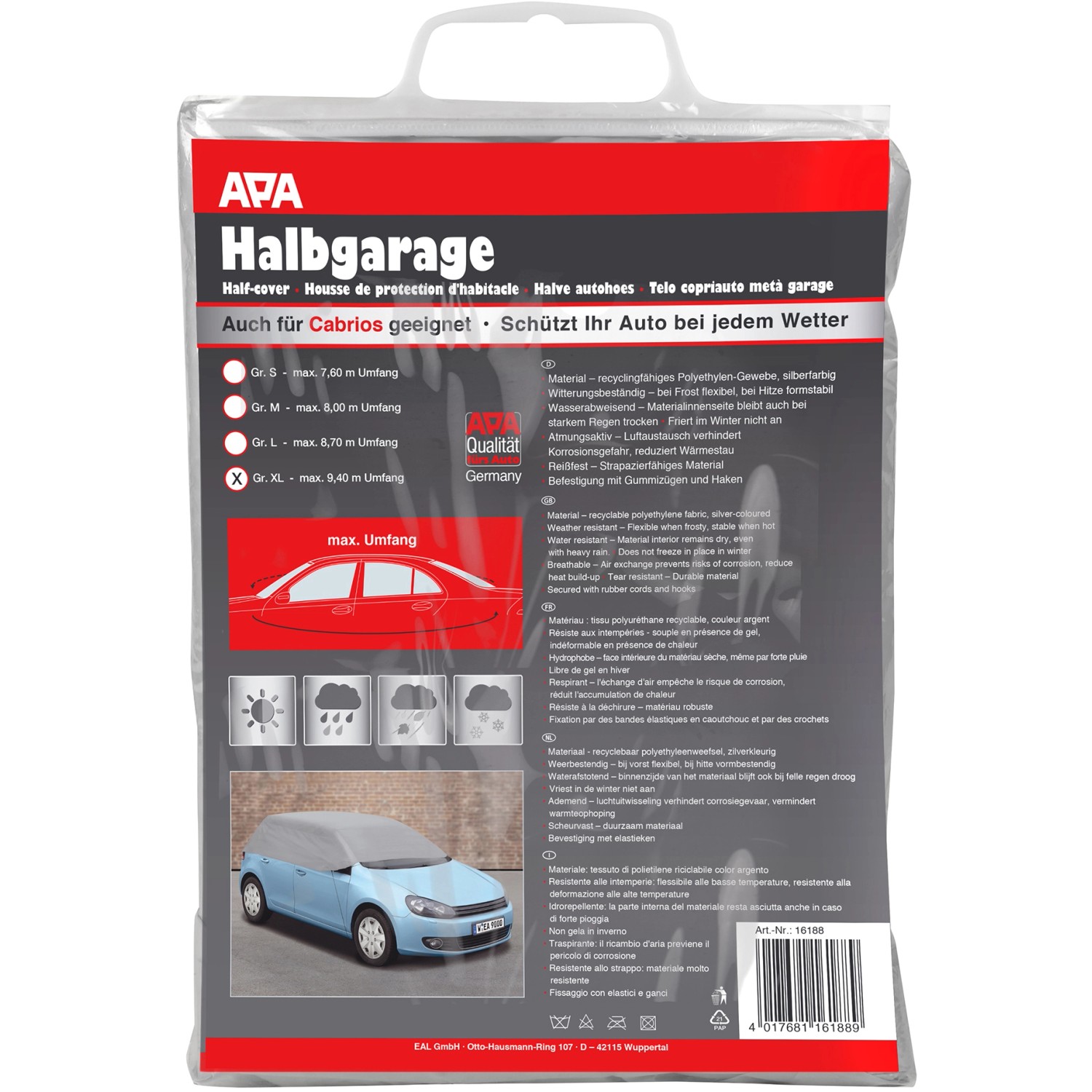 Eufab Halbgarage mit Gummizug und Haken Gr. XL Silber