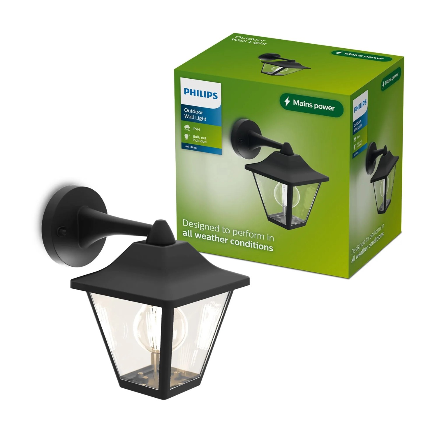 Schwarze Philips Outdoor-Wandleuchte Juli im Laternen-Design für den Außenbereich.