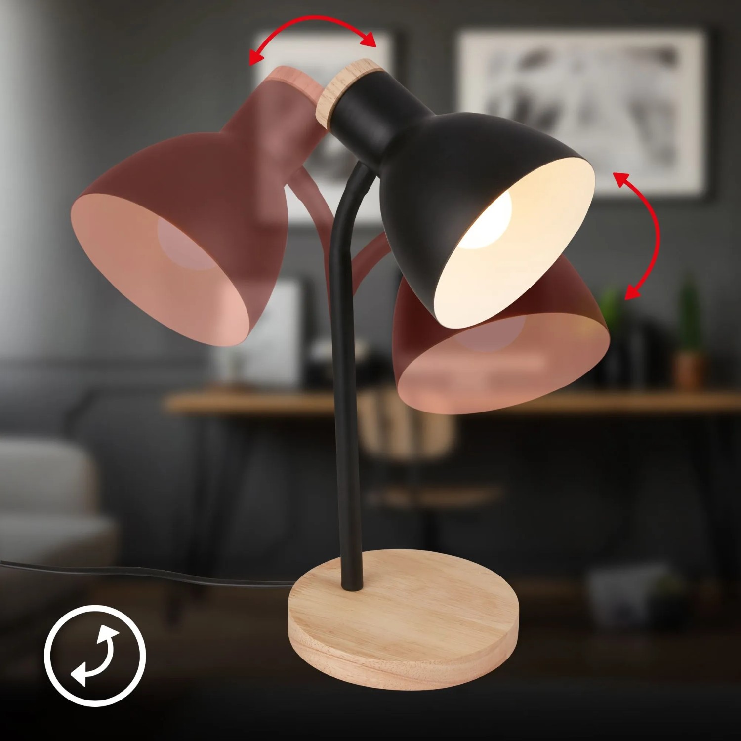 Brilo Tischleuchte Prep, schwarz-holzfarben, verstellbarer Lampenkopf, ideal als Schreibtischlampe.
