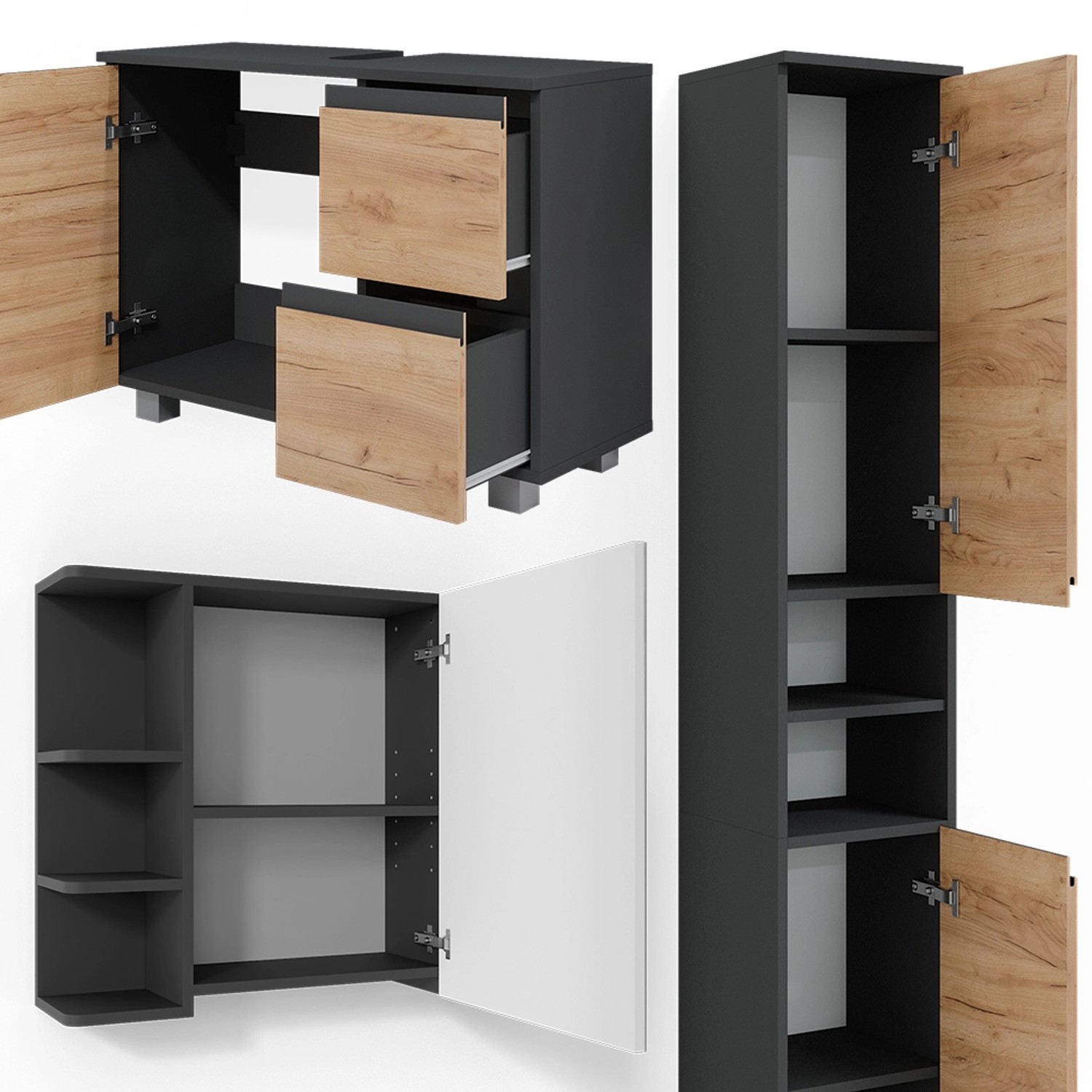 Vicco Badmöbel-Set J-Shape, 3-teilig, Anthrazit/Eiche, mit Waschbeckenunterschrank, Spiegelschrank und Hochschrank.