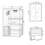 Skizze der Home Deluxe SHADOW M Sauna: Maße, Glasfront, Ofenposition. Ideal für 2 Personen.