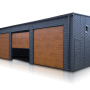 Liderstal Halle Premium, 12x8m, graphitfarbenes Blech, 3 Sektionaltore Goldene Eiche, Giebeldach, Fenster.