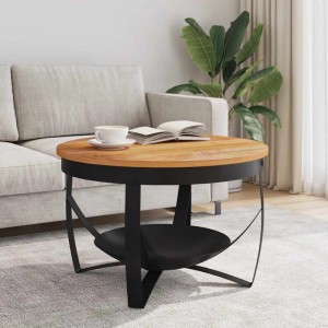 Runder vidaXL Couchtisch aus massivem Akazienholz mit natürlicher Oberfläche, schwarzem Metallgestell und Ablage.
