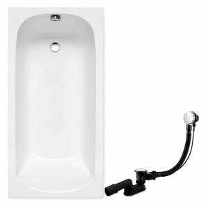 Weiße rechteckige Acryl-Badewanne KOLMAN 150x70 cm mit verchromtem Ablauf- und Überlauf-Set.