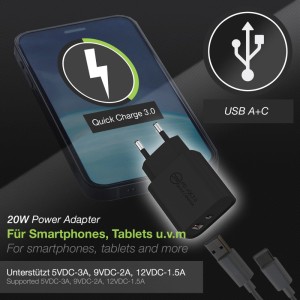 SOTECH USB A USB C Netzteil 20W Quick Charge 3 Schwarz