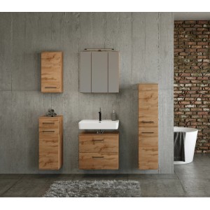 Held Möbel Florenz Badmöbel-Set, 60 cm, Wotaneiche, mit Spiegelschrank, Unterbeckenschrank und zwei Hochschränken.