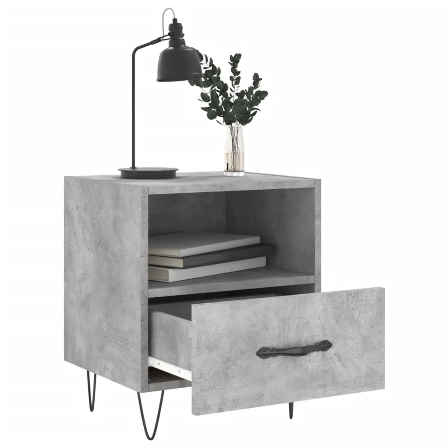Set aus zwei grauen Nachttischen im Beton-Look mit Schublade und Ablagefach.