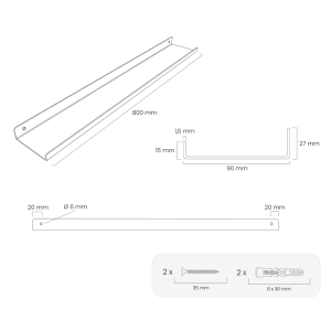 Technische Zeichnung: HEVVA Regalleiste MARSEILLE, 80cm, schwarz, mit Maßangaben und Befestigungsmaterial.