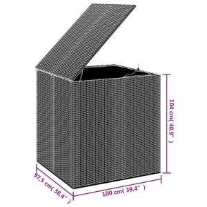 Schwarze VidaXL Garten-Kissenbox aus PE-Rattan, 100x97,5x104 cm, mit geöffnetem Deckel.