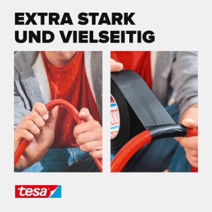 Hände reparieren roten Schlauch mit schwarzem Tesa Extra Power Universal Klebeband. Stark und vielseitig für Abdichtungen.
