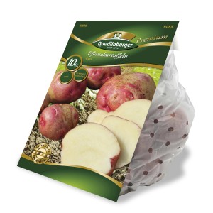 Quedlinburger Pflanzkartoffeln 'Cara', rot gefleckt, vorwiegend festkochend, im Beutel.