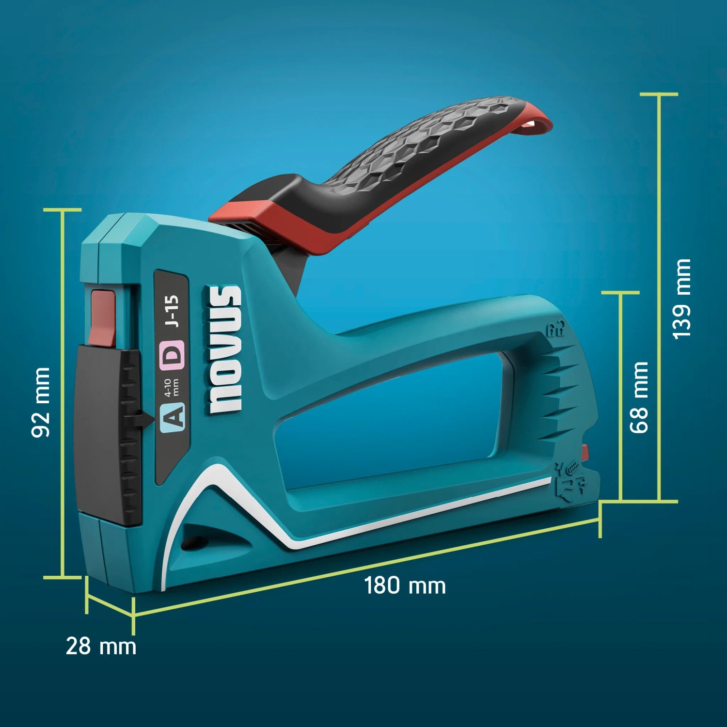Novus Handtacker J-15, Profi-Tacker für Feindraht- und Flachdrahtklammern, blau/schwarz mit Maßangaben.