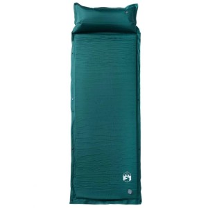 Grüne, selbstaufblasende Isomatte mit Kissen für Camping & Outdoor.