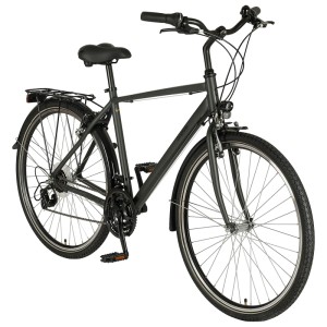 Graues Prophete Trekking Herrenrad Entdecker 100 mit 28 Zoll Reifen, Gepäckträger und LED-Beleuchtung.