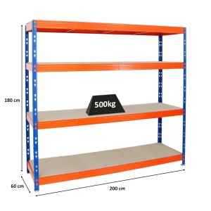 Blau-oranges Schwerlastregal (180x200x60cm) mit 4 Spanplatten-Ebenen, Fachlast 500kg.