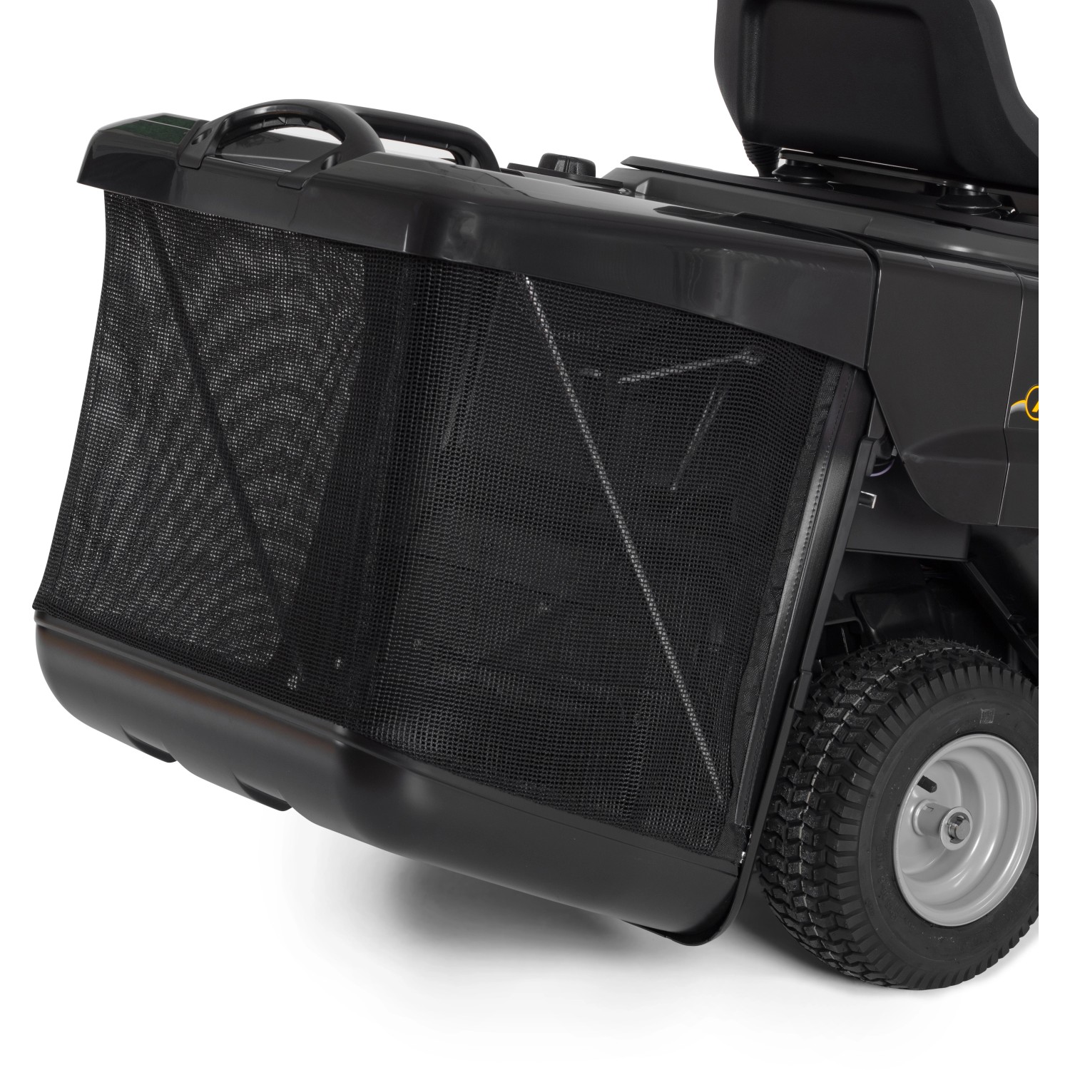 Detailaufnahme des Fangkorbs vom Alpina Rasentraktor AT2 66 QA.