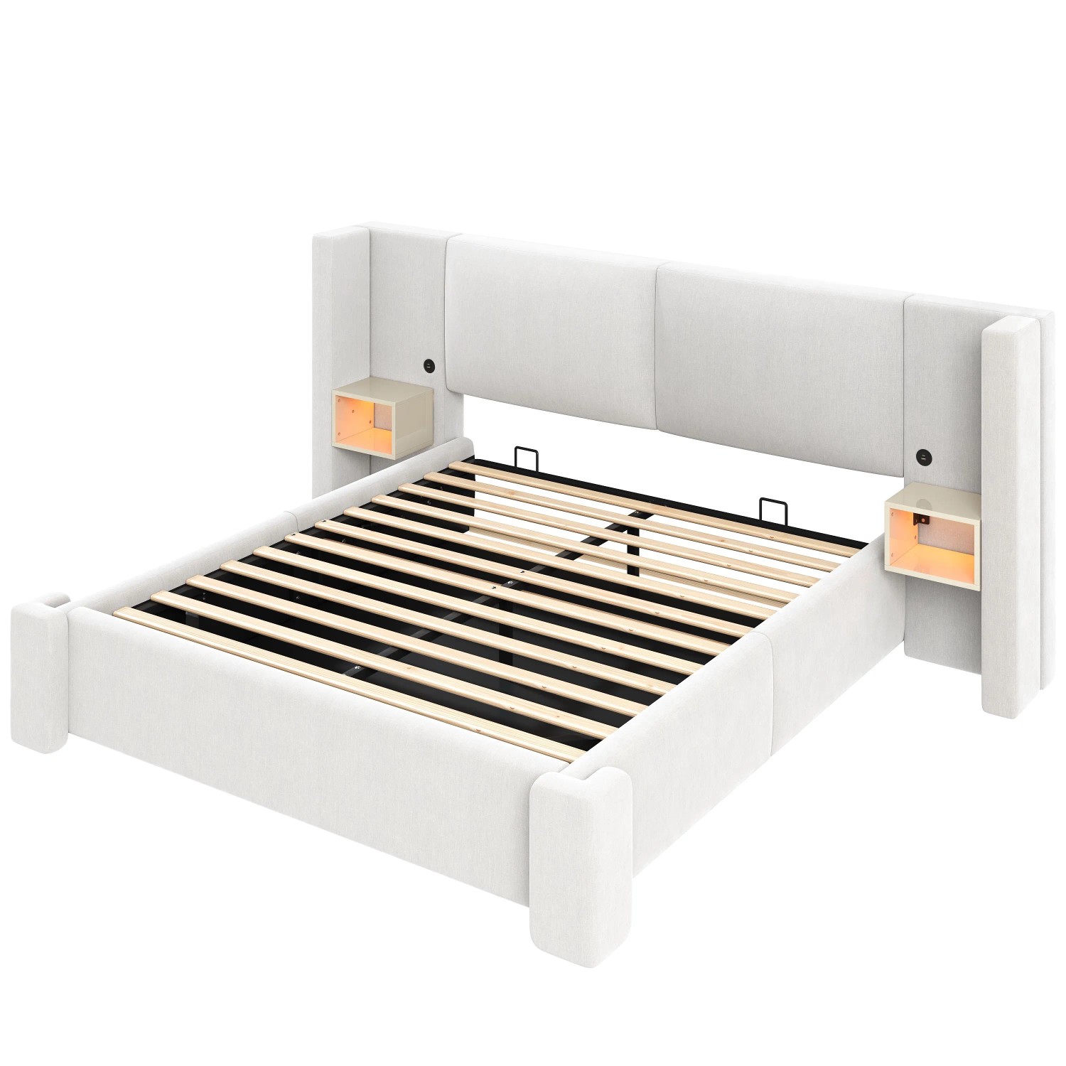 Merax Leinen Polsterbett 180x200 cm Mit LED Staufächern Hydraulischem Stauraum Beige