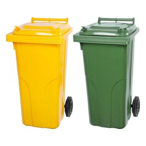 Set: Gelbe & grüne 120L Mülltonne mit Rädern aus HDPE-Kunststoff.